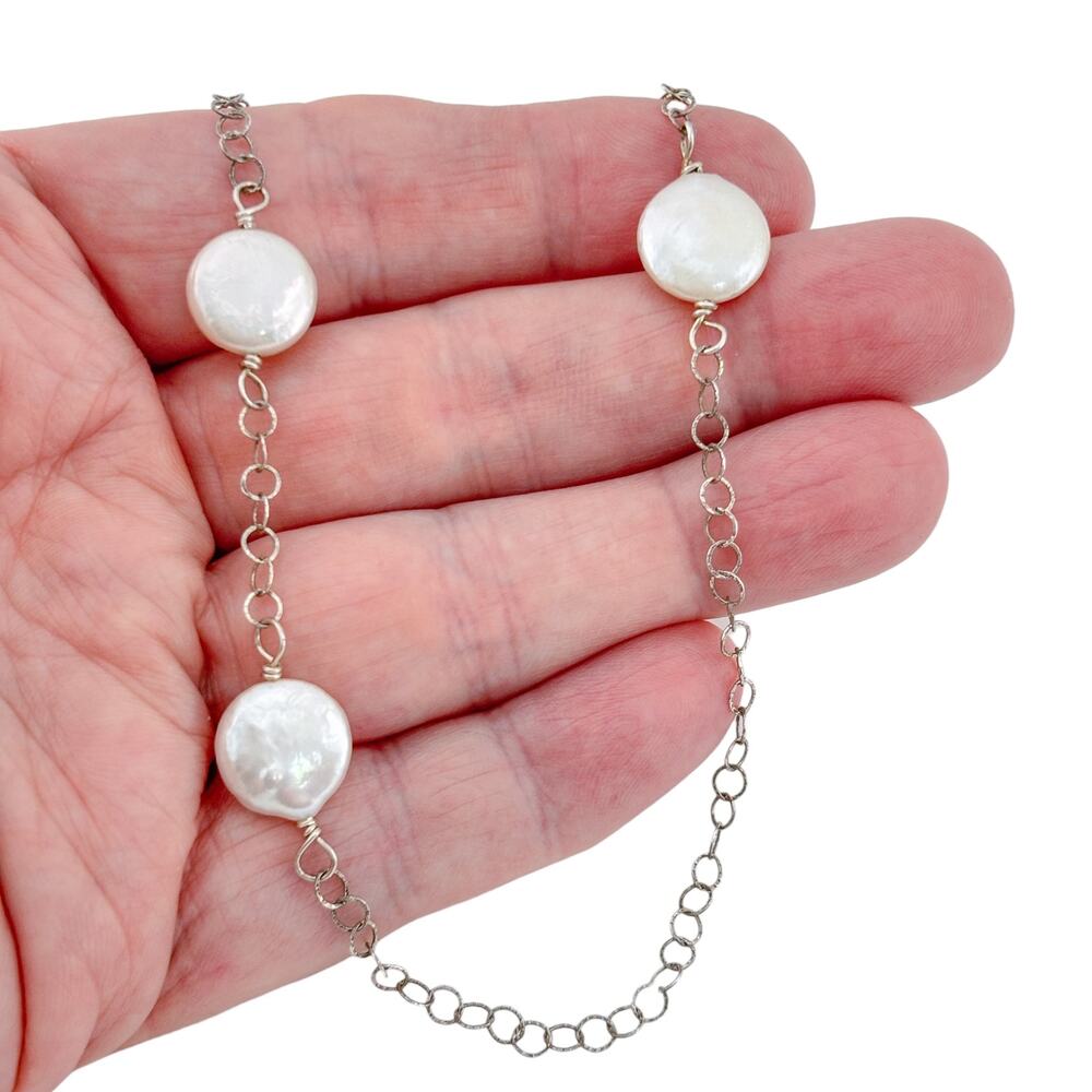 Vintage Sterling Silver 925 Coin Pearl Chain Necklace 24.5"